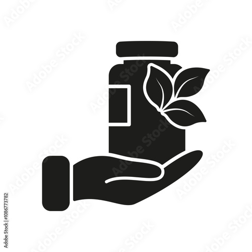 Bio Supplements And Vitamins Silhouette Icon. Natural Health Products With Leaf Symbol On Hand. Isolated Vector Illustration