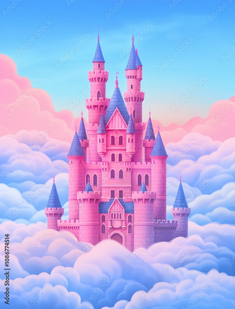 A whimsical pink castle rises majestically above fluffy clouds, set against a soft blue sky, evoking a dreamy, fairytale atmosphere. A whimsical pink castle rises majestically above fluffy clouds, set against a soft blue sky, evoking a dreamy, fairytale atmosphere.
