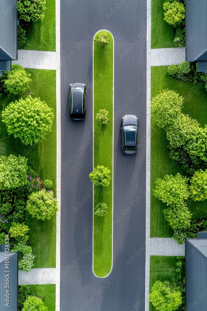 Fototapeta premium Aerial View of Cars on Modern Suburban Street