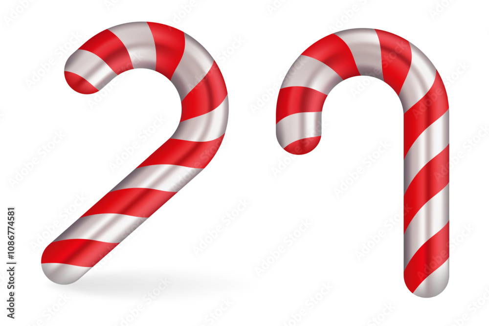 Red and white candy cane illustration. Traditional striped design, symbolizing classic Christmas treats and festive celebrations, perfect for seasonal decorations.