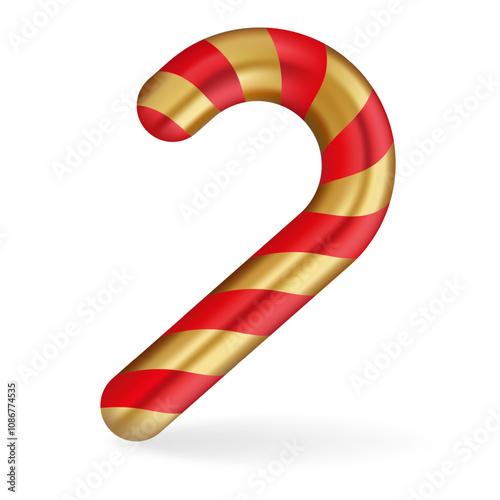 Red and gold candy cane illustration. Festive striped design combining vibrant red with metallic gold, perfect for Christmas themes, decorations, and celebrations.