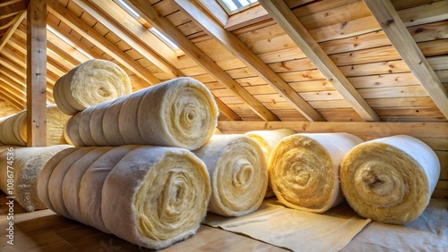  Rolls of fiberglass insulation in attic, home insulation and energy efficiency concept in construction.  
