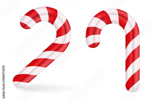 Red and white candy cane illustration. Traditional striped design, symbolizing classic Christmas treats and festive celebrations, perfect for seasonal decorations.