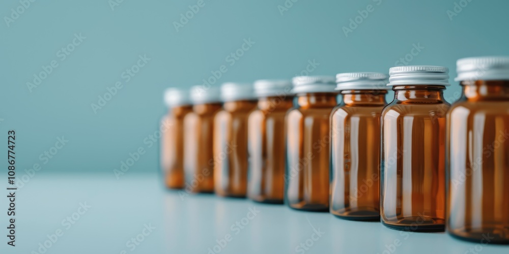 A row of amber glass bottles with silver caps, arranged neatly against a soft blue backdrop, suggesting a laboratory or pharmaceutical setting. A row of amber glass bottles with silver caps, arranged neatly against a soft blue backdrop, suggesting a laboratory or pharmaceutical setting.
