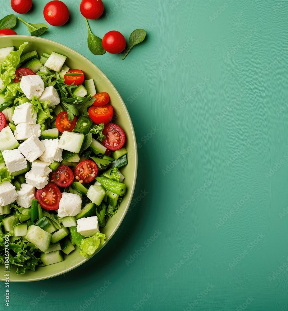 A colorful salad featuring fresh greens, cherry tomatoes, cucumber, and feta cheese, served in a bowl on a vibrant teal background. A colorful salad featuring fresh greens, cherry tomatoes, cucumber, and feta cheese, served in a bowl on a vibrant teal background.
