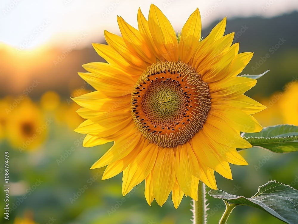 Obraz premium A vibrant sunflower basking in the golden glow of sunset, surrounded by a field of blossoms, radiating beauty and warmth.