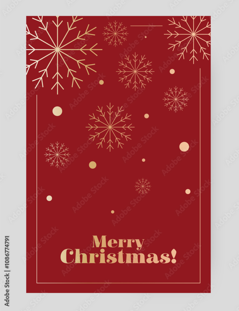 Christmas card design. Red background with golden snowflakes and dots in a festive arrangement, featuring Merry Christmas. Elegant, joyful, holiday, seasonal celebration theme Christmas card design. Red background with golden snowflakes and dots in a festive arrangement, featuring Merry Christmas. Elegant, joyful, holiday, seasonal celebration theme