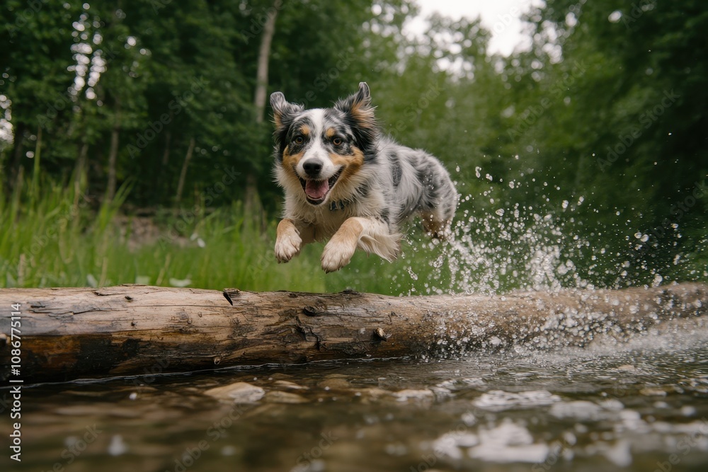 Australian Shepherd Jumping Over a Log Australian Shepherd Jumping Over a Log