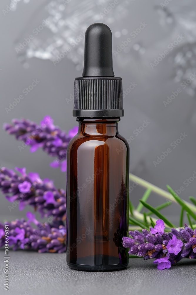 A dark glass dropper bottle is surrounded by lavender flowers, suggesting a focus on essential oils or natural remedies. A dark glass dropper bottle is surrounded by lavender flowers, suggesting a focus on essential oils or natural remedies.