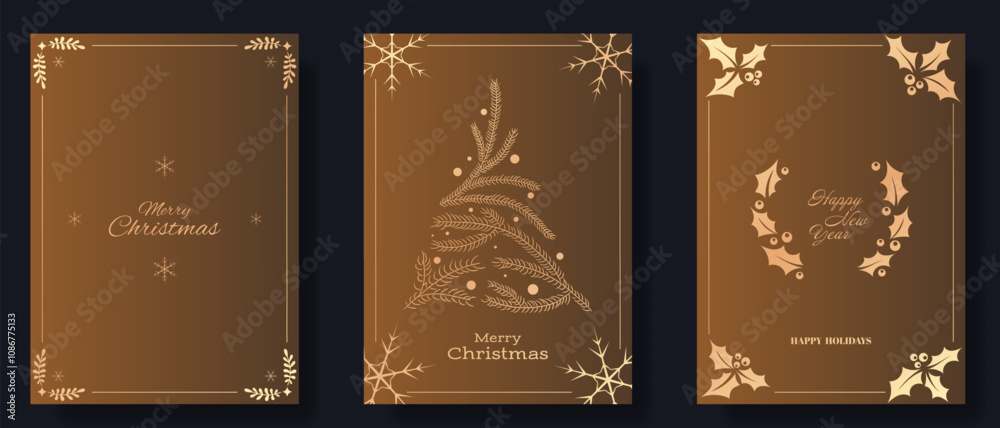 Fototapeta premium Luxurious holiday card set with warm gold gradients and elegant designs. Features Merry Christmas, Happy New Year messages, complemented by holly, snowflakes, and minimalist pine motifs