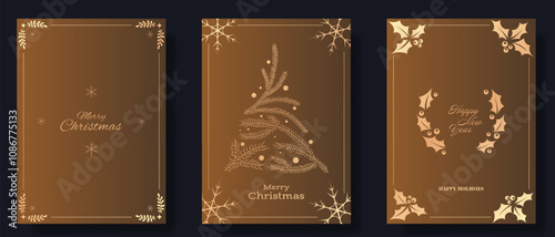 Luxurious holiday card set with warm gold gradients and elegant designs. Features Merry Christmas, Happy New Year messages, complemented by holly, snowflakes, and minimalist pine motifs
