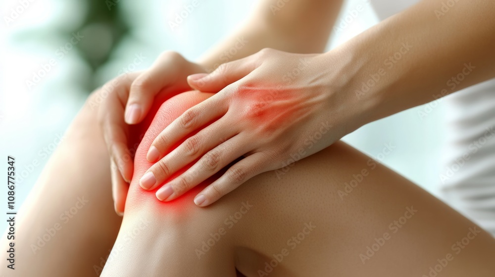 Pain originating in the knee area. Hand touching the upper leg just above the knee.