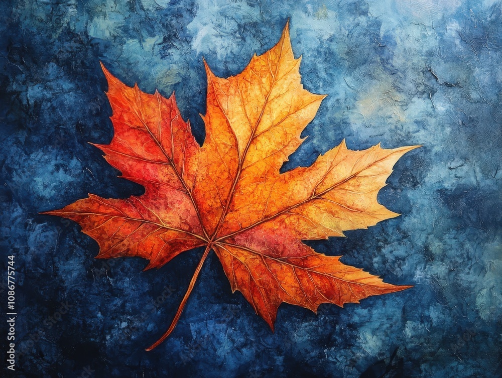 An artistic rendering of a vibrant orange maple leaf against a textured blue background, perfect for nature-inspired designs. An artistic rendering of a vibrant orange maple leaf against a textured blue background, perfect for nature-inspired designs.