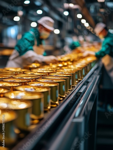 Fish cannery workers controlling production line of canned tuna