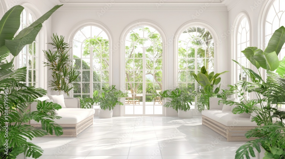 Neo-Roman Sunroom Oasis with Large Windows, Stylish Seating, and Lush Plants for Serene Indoor-Outdoor Living Neo-Roman Sunroom Oasis with Large Windows, Stylish Seating, and Lush Plants for Serene Indoor-Outdoor Living