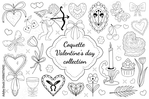 Valentine's Day line art hand drawing collection. girly coquette y2k aesthetic set, elegant vintage accessory. Lovely cute collection, red cherrie, pink ribbon, bow, heart, cupid. Vector illustration
