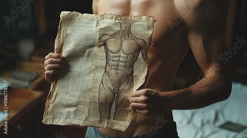 A person holds an aged anatomical drawing showing detailed human muscular structure against their torso. It's a blend of art and science, presenting educational insights. photo