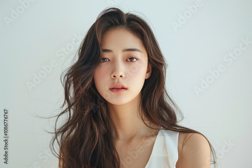 Beautiful Asian Korean woman showcasing perfect makeup and hairstyle