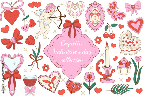 Valentine's Day cute collection. Pink girly coquette y2k aesthetic set, elegant vintage accessory. Lovely cute collection, red cherrie, pink ribbon, bow, heart, cupid. Vector illustration