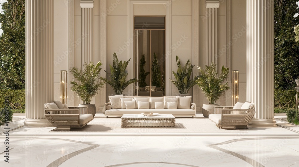 Luxurious Roman Terrace with Stylish Outdoor Furniture and Lush Greenery for Relaxation and Social Gatherings Luxurious Roman Terrace with Stylish Outdoor Furniture and Lush Greenery for Relaxation and Social Gatherings