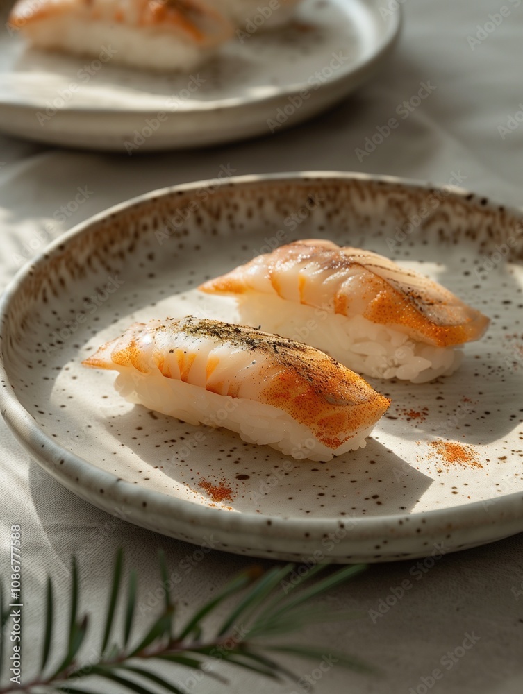 Engawa Nigiri sushi with sesame on a rustic wooden background, close up Engawa Nigiri sushi with sesame on a rustic wooden background, close up