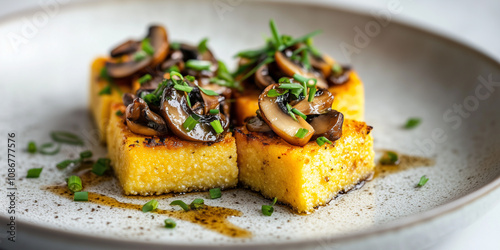 Vegan appetizer with crispy polenta and sautéed mushrooms