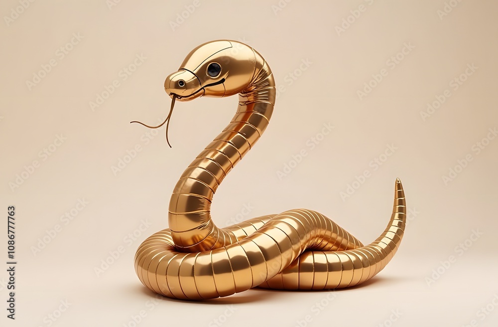 Fototapeta premium The golden snake sculpture features a glossy finish with intricate design elements, coiled in a striking pose. This unique artwork highlights creativity and craftsmanship in an elegant display