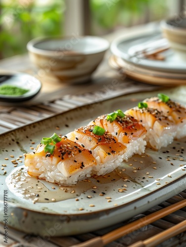 Hokkigai Nigiri, surf clam sushi on rice, traditional Japanese sushi on ceramic plate, close up photo with light background photo