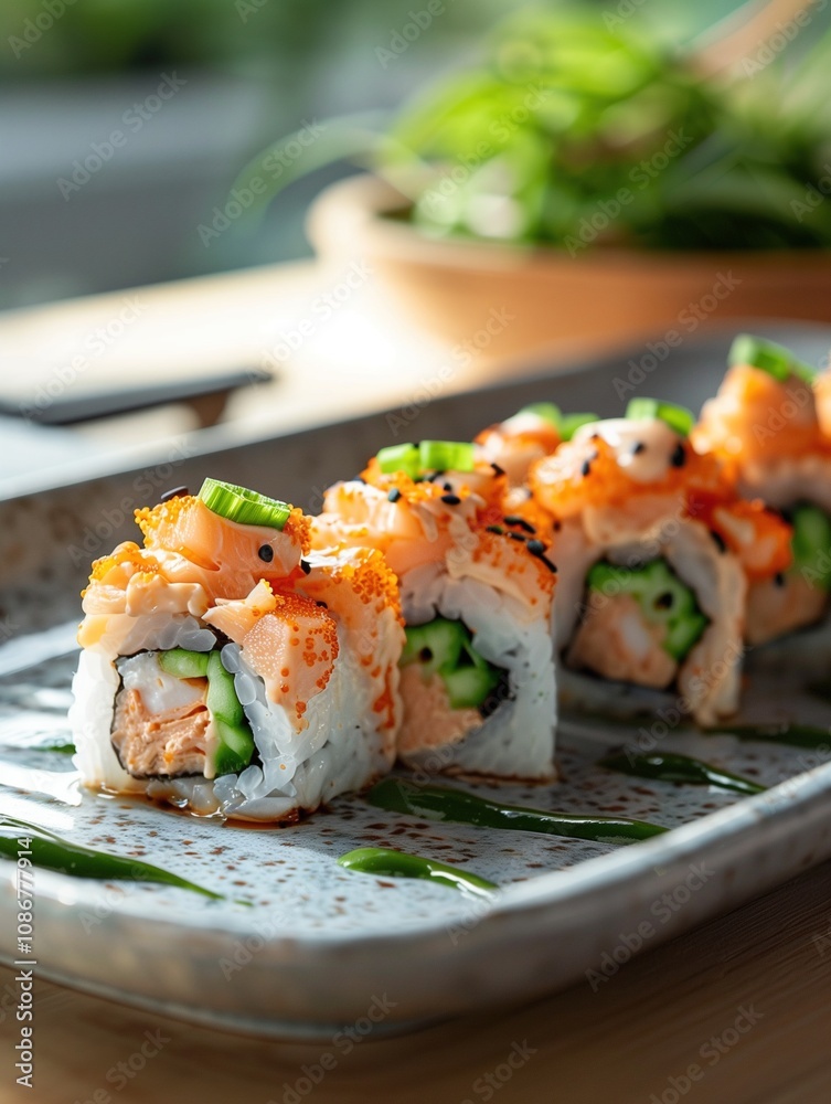 Japanese Hamachi yellowtail roll with scallions, premium sushi on a beige background Japanese Hamachi yellowtail roll with scallions, premium sushi on a beige background
