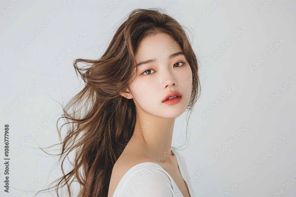 Beautiful Asian Korean woman showcasing perfect makeup and hairstyle Beautiful Asian Korean woman showcasing perfect makeup and hairstyle