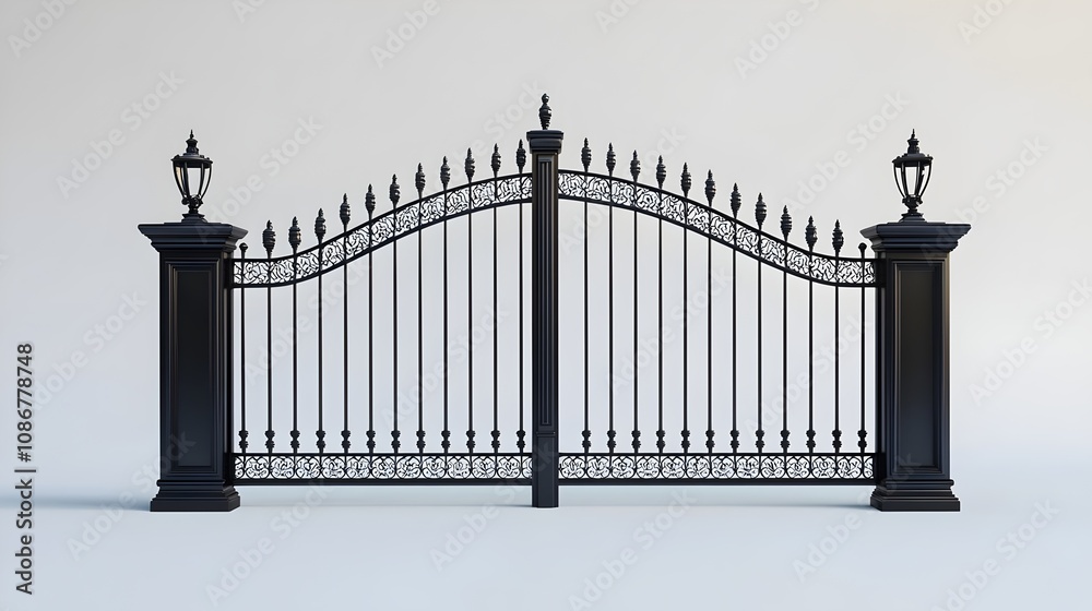 Naklejka premium Decorative large double gates with scrollwork and lanterns
