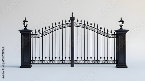 Decorative large double gates with scrollwork and lanterns