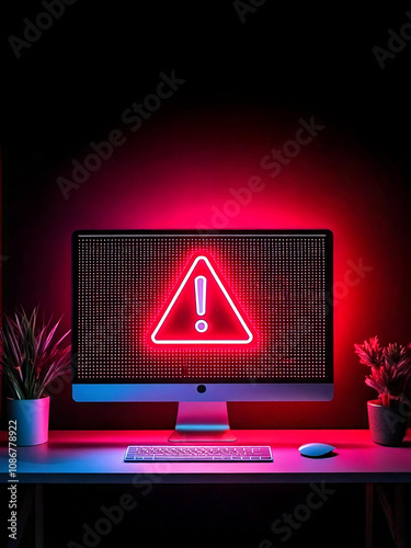 Virus alert sign on a flat screen computer monitor, a digital illustration of a technology warning