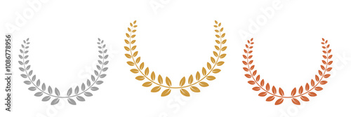 Gold, silver, bronze laurel wreaths. Winner medal award set vector illustration. Victory symbol, triumph emblem, champion prize isolated on transparent background.