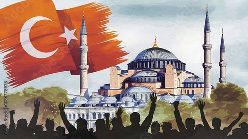 Watercolor illustration for Democracy and National Unity Day in Turkey with a Turkish flag and bridge.