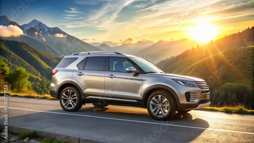 Captivating Product Photography of a Modern SUV on a Scenic Road, Showcasing Design and Performance Features of an All-Wheel Drive Crossover Vehicle Under Natural Light Conditions
