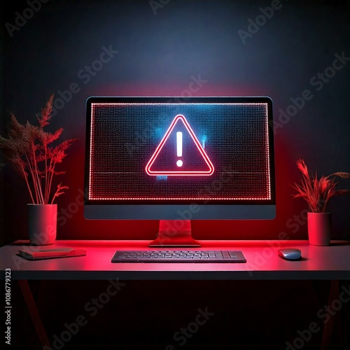 Virus alert sign on a flat screen computer monitor, a digital illustration of a technology warning