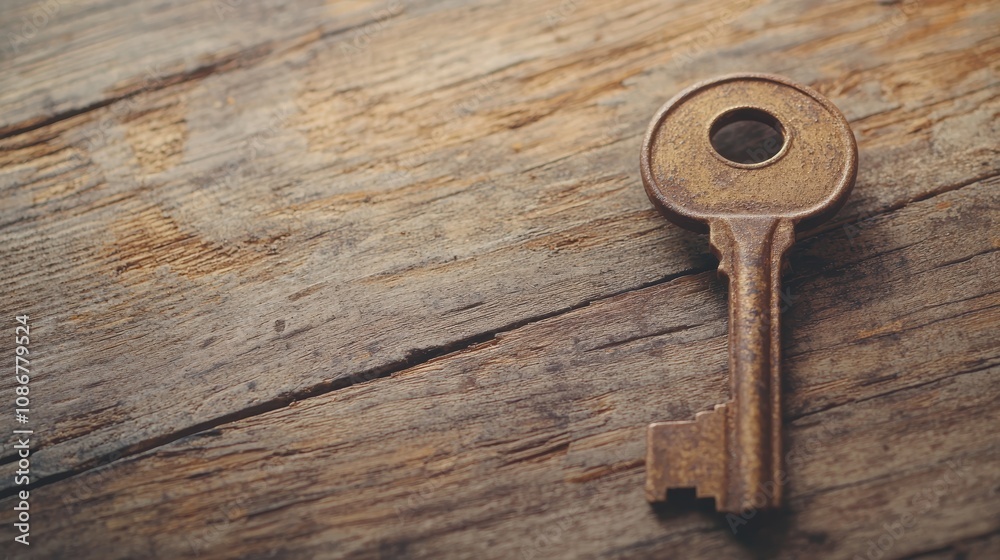 Antique Key Resting on Rustic Wooden Table Surface, Capturing the Essence of Time and Tradition with Its Unique Design and Vintage Patina Antique Key Resting on Rustic Wooden Table Surface, Capturing the Essence of Time and Tradition with Its Unique Design and Vintage Patina