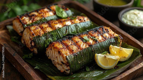 meen pollichathu in banana leaf indian food photo