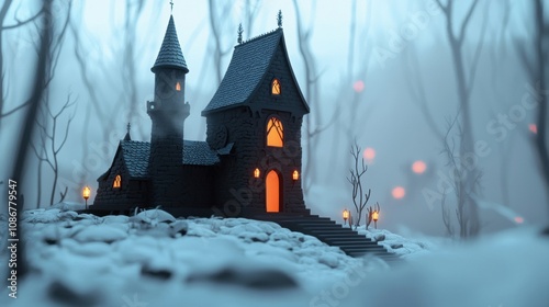 enchanted castle in a snowy forest, with glowing lanterns and mystical fog photo