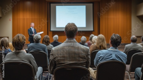 Focused view on corporate audience listening to a presenter at a professional conference event, generated AI