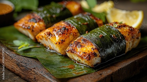 meen pollichathu in banana leaf indian food photo