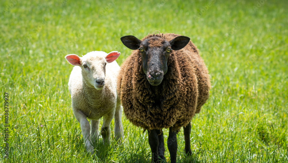 Fototapeta premium mother sheep and her lambs in lush green grassy field