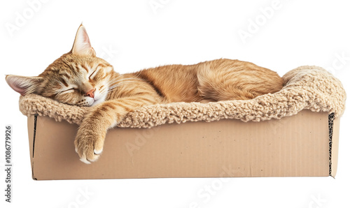 a cat is sleeping in a old paper box, isolated on white background