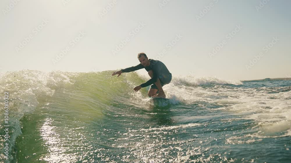 Sportsman performs tricks while balancing on a wakeboard. Wakeboarding behind a motorboat on the surface of the water. The scene conveys the dynamics, speed and adrenaline of water extreme sports Sportsman performs tricks while balancing on a wakeboard. Wakeboarding behind a motorboat on the surface of the water. The scene conveys the dynamics, speed and adrenaline of water extreme sports