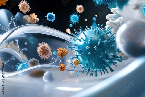 microscopic view of vibrant viruses and microorganisms with dna strands, featuring intricate blue and orange structures, dynamic fluid motion, and a futuristic scientific background in soft tones