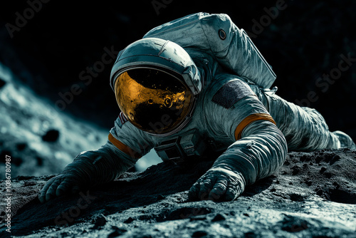 Astronaut lying on the moon, astronaut tired, rest in space.