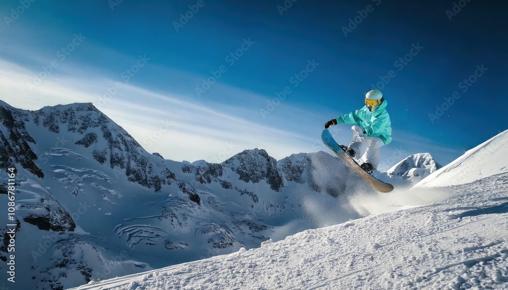 Snowboarder on the slope jumping in the air mountains freestyle skier sports 