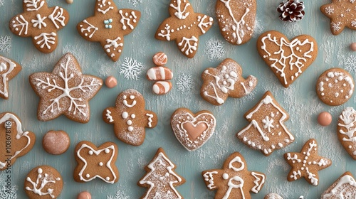 Biscotti di pan di zenzero di varie forme, come stelle, cuori e pupazzi di neve, decorati con glassa bianca, hanno una calda consistenza marrone al cioccolato photo