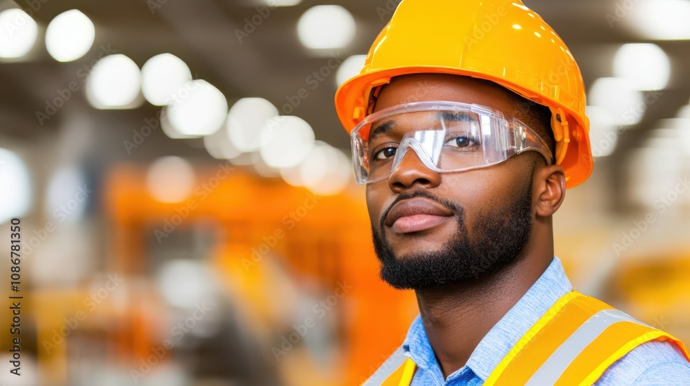 A young Black man wearing a yellow hard hat and safety glasses, standing confidently at a construction site under a clear blue sky. Concept: workforce, safety, construction